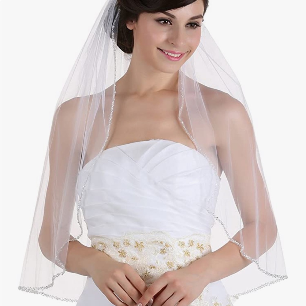 1 Tier Crystals Pearls Beaded Wedding Veil Elbow Length 30" Ivory